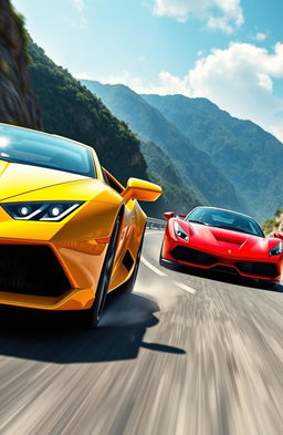A dynamic and thrilling depiction of a Lamborghini and a Ferrari racing on a winding mountain road