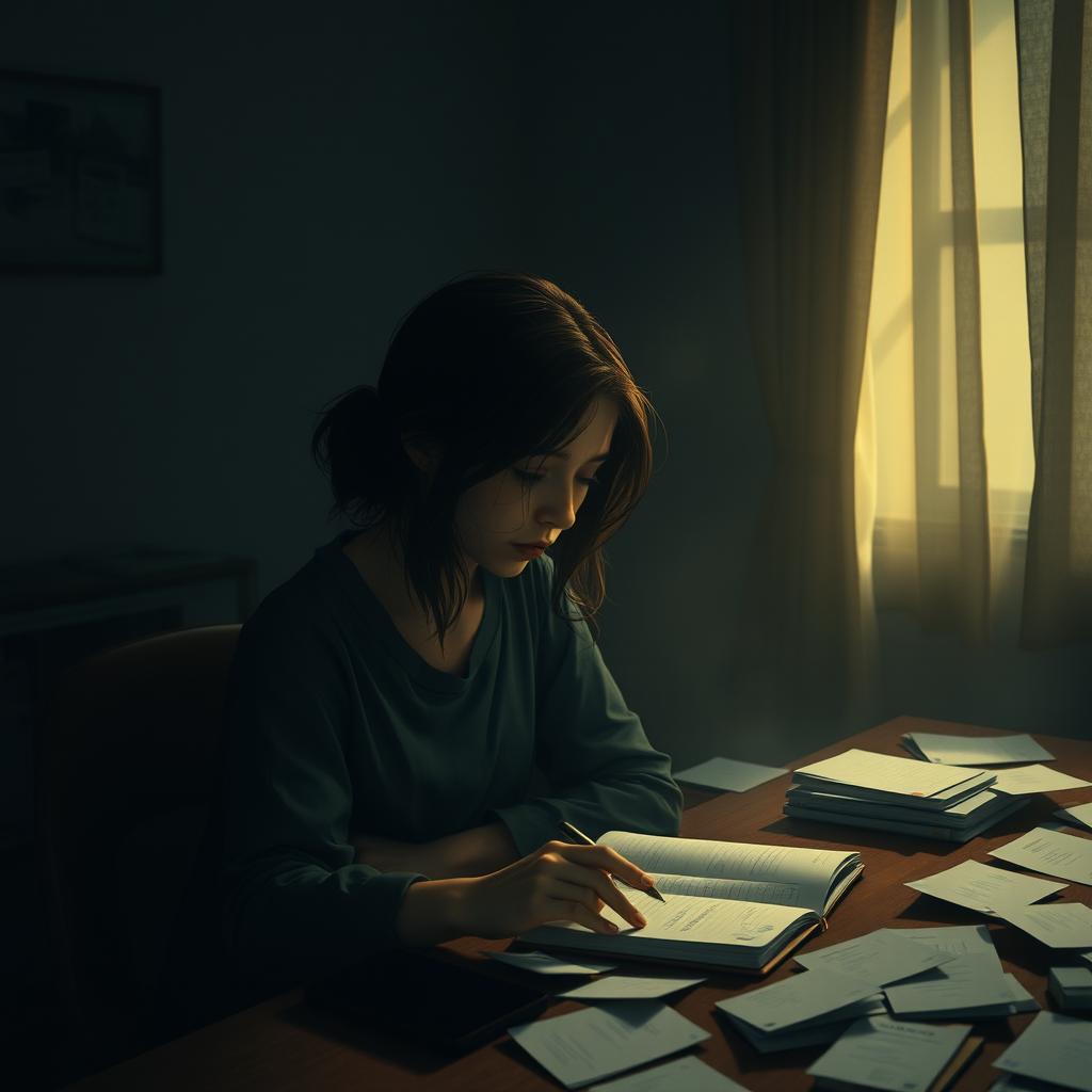 A soft melody resonates in a dimly lit room filled with scattered papers on a table