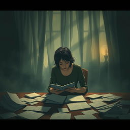 A soft melody resonates in a dimly lit room filled with scattered papers on a table