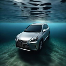 A high-quality digital art image depicting a Lexus car submerged under water