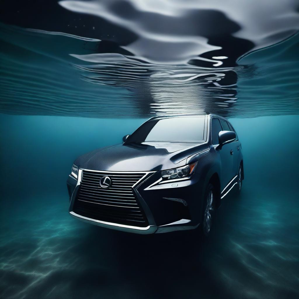 A high-quality digital art image depicting a Lexus car submerged under water