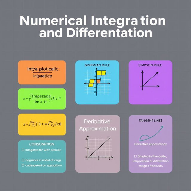 A modern educational poster showcasing the concepts of Numerical Integration and Differentiation