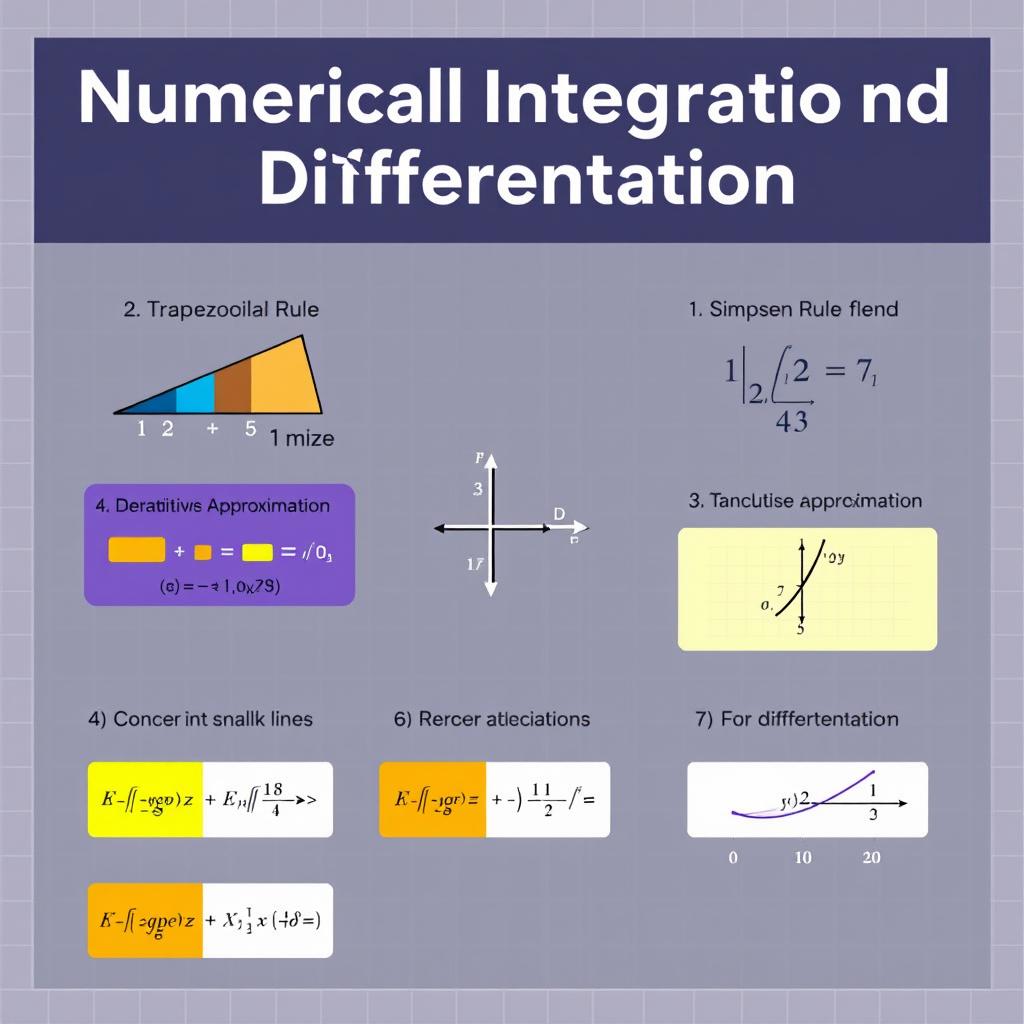 A modern educational poster showcasing the concepts of Numerical Integration and Differentiation