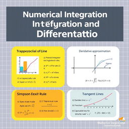 A modern educational poster showcasing the concepts of Numerical Integration and Differentiation