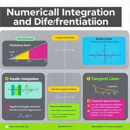 A modern educational poster showcasing the concepts of Numerical Integration and Differentiation