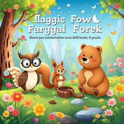 Create a colorful children's book illustration set in a magical forest, featuring a cast of adorable talking animals like a wise owl, a playful squirrel, and a gentle bear