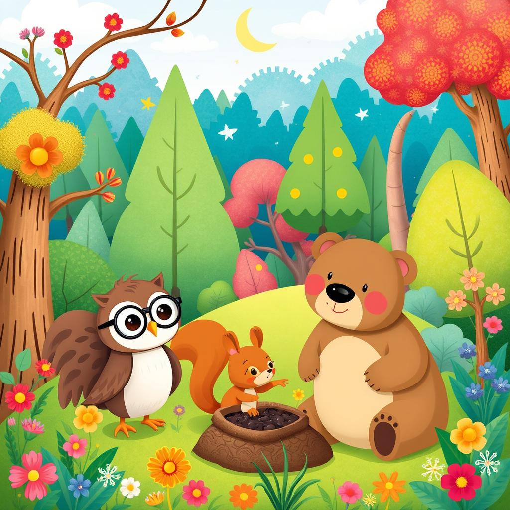 Create a colorful children's book illustration set in a magical forest, featuring a cast of adorable talking animals like a wise owl, a playful squirrel, and a gentle bear