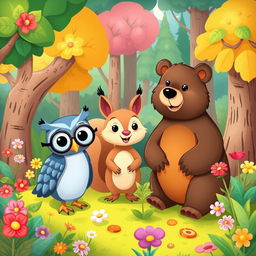 Create a colorful children's book illustration set in a magical forest, featuring a cast of adorable talking animals like a wise owl, a playful squirrel, and a gentle bear