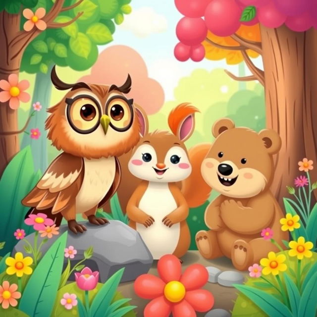 Create a colorful children's book illustration set in a magical forest, featuring a cast of adorable talking animals like a wise owl, a playful squirrel, and a gentle bear