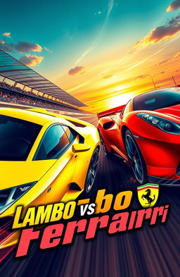 An artistic representation of a fierce competition between a Lamborghini and a Ferrari, surrounded by vibrant colors and dynamic motion