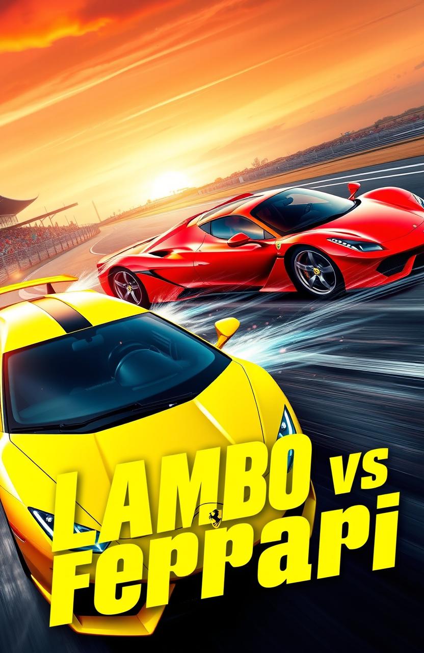 An artistic representation of a fierce competition between a Lamborghini and a Ferrari, surrounded by vibrant colors and dynamic motion