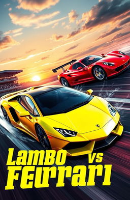An artistic representation of a fierce competition between a Lamborghini and a Ferrari, surrounded by vibrant colors and dynamic motion