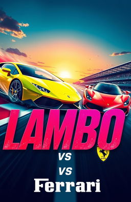 An artistic representation of a fierce competition between a Lamborghini and a Ferrari, surrounded by vibrant colors and dynamic motion