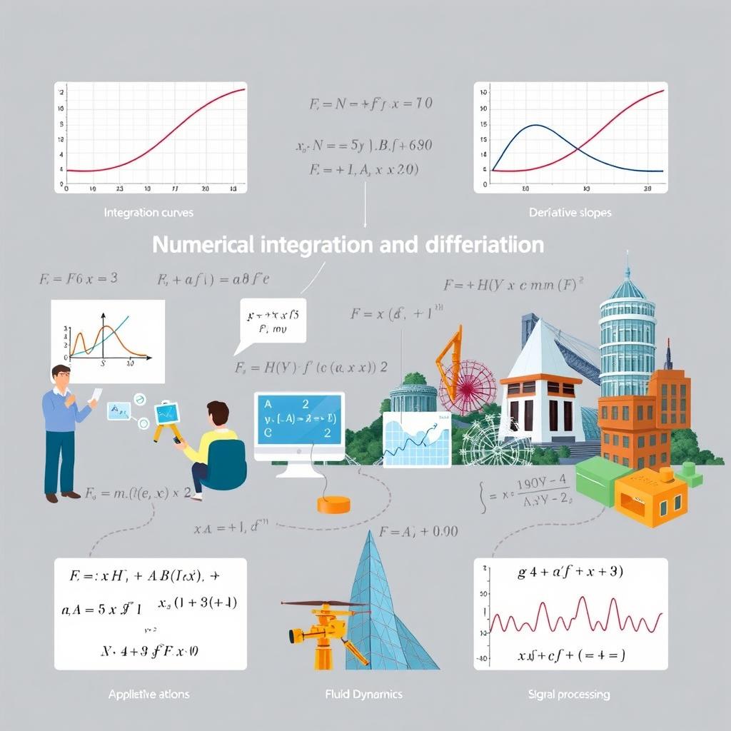 An illustrated composition depicting various techniques of numerical integration and differentiation, including graphical representations of integration areas under curves, derivative slopes of functions, and applications within engineering contexts such as structural analysis, fluid dynamics, and signal processing