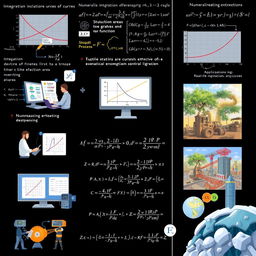 An illustrated composition depicting various techniques of numerical integration and differentiation, including graphical representations of integration areas under curves, derivative slopes of functions, and applications within engineering contexts such as structural analysis, fluid dynamics, and signal processing