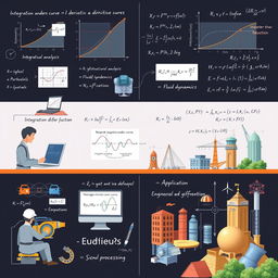 An illustrated composition depicting various techniques of numerical integration and differentiation, including graphical representations of integration areas under curves, derivative slopes of functions, and applications within engineering contexts such as structural analysis, fluid dynamics, and signal processing