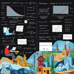 An illustrated composition depicting various techniques of numerical integration and differentiation, including graphical representations of integration areas under curves, derivative slopes of functions, and applications within engineering contexts such as structural analysis, fluid dynamics, and signal processing