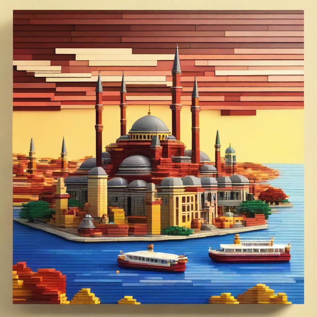 A high-quality digital art image showcasing a vibrant sunset over Istanbul, rendered entirely in the style of Lego