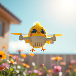 A whimsical and charming image of a small drone designed to resemble a cute chick (دجاجة صغيرة)