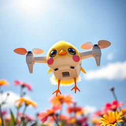 A whimsical and charming image of a small drone designed to resemble a cute chick (دجاجة صغيرة)