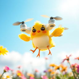 A whimsical and charming image of a small drone designed to resemble a cute chick (دجاجة صغيرة)