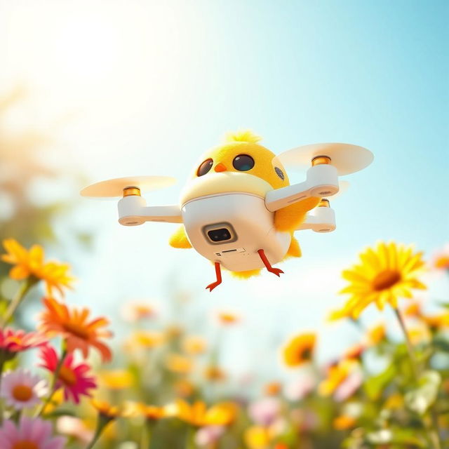 A whimsical and charming image of a small drone designed to resemble a cute chick (دجاجة صغيرة)