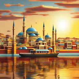 A high-quality digital art image showcasing a vibrant sunset over Istanbul, rendered entirely in the style of Lego