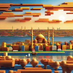 A high-quality digital art image showcasing a vibrant sunset over Istanbul, rendered entirely in the style of Lego