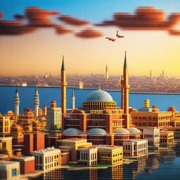 A high-quality digital art image showcasing a vibrant sunset over Istanbul, rendered entirely in the style of Lego