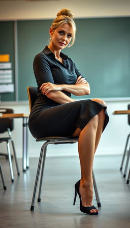 A sensual middle-aged woman sitting on a chair, crossing her legs in a side view while looking directly into the camera