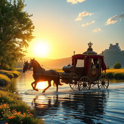 A majestic medieval royal carriage being pulled by two magnificent horses as it crosses a beautiful, serene river