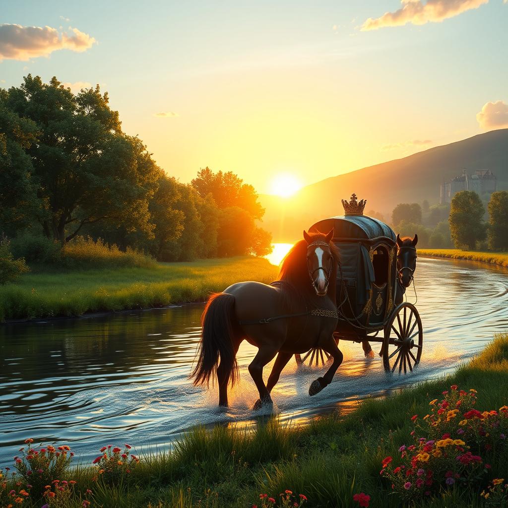 A majestic medieval royal carriage being pulled by two magnificent horses as it crosses a beautiful, serene river