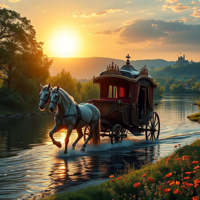 A majestic medieval royal carriage being pulled by two magnificent horses as it crosses a beautiful, serene river