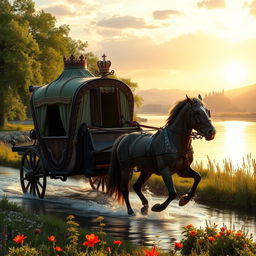 A majestic medieval royal carriage being pulled by two magnificent horses as it crosses a beautiful, serene river