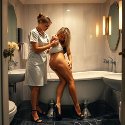 An intimate scene in a stylish bathroom featuring a young female nurse administering a large enema to a tanned blonde girl in high heels who is leaning forward