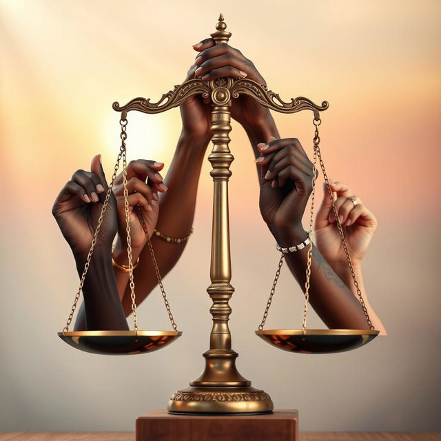 A beautifully crafted scales of justice, featuring various hands of different skin tones and ethnic backgrounds holding the scales, symbolizing diversity and unity