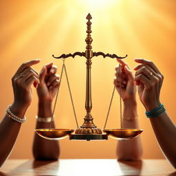 A beautifully crafted scales of justice, featuring various hands of different skin tones and ethnic backgrounds holding the scales, symbolizing diversity and unity