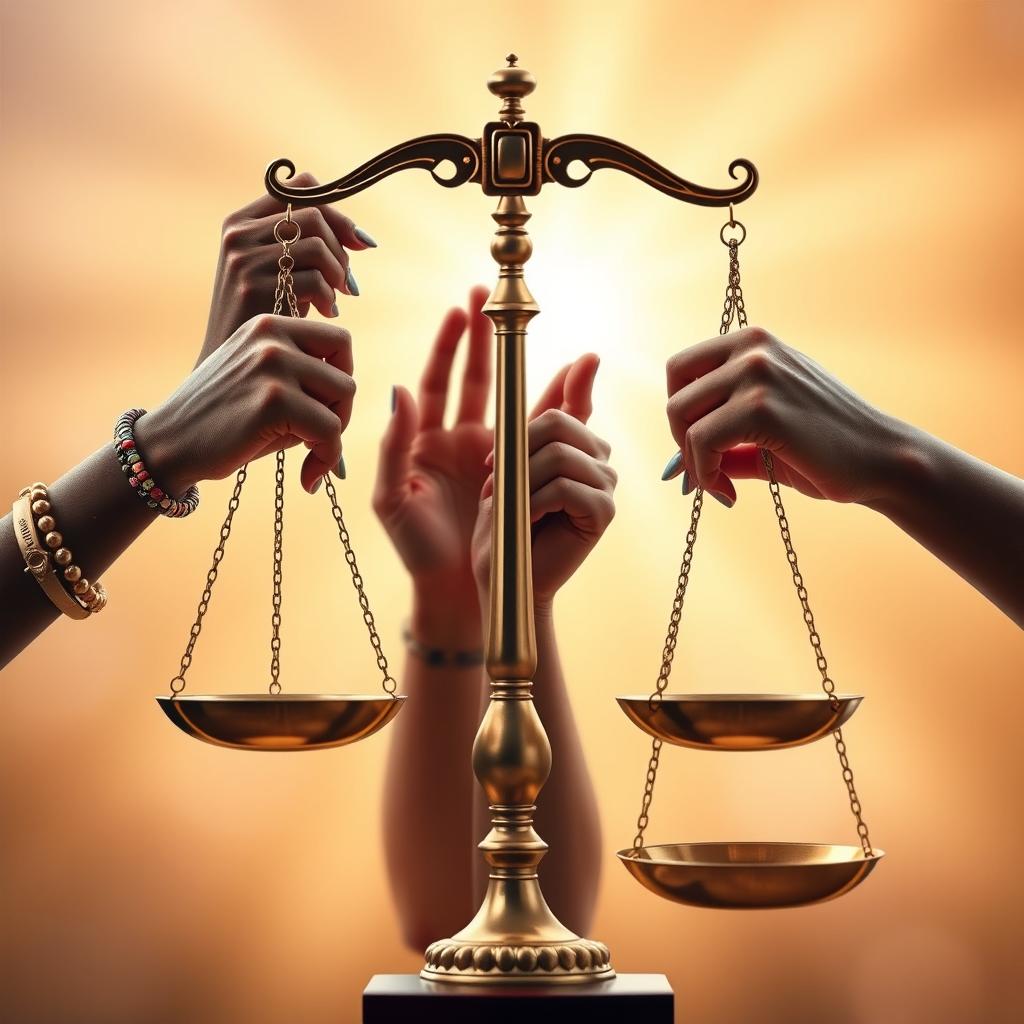 A beautifully crafted scales of justice, featuring various hands of different skin tones and ethnic backgrounds holding the scales, symbolizing diversity and unity