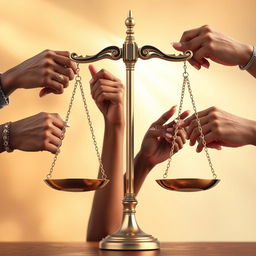 A beautifully crafted scales of justice, featuring various hands of different skin tones and ethnic backgrounds holding the scales, symbolizing diversity and unity