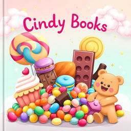 A whimsical and colorful children's book cover featuring a variety of delicious sweets and candies