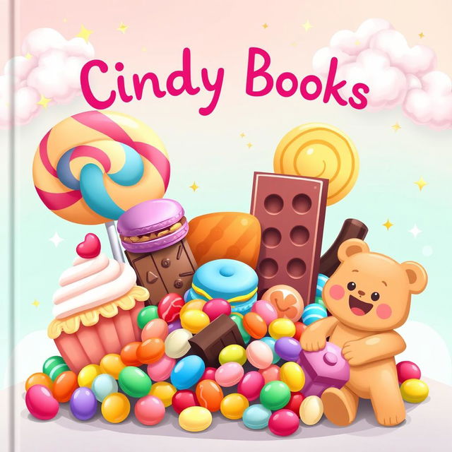 A whimsical and colorful children's book cover featuring a variety of delicious sweets and candies