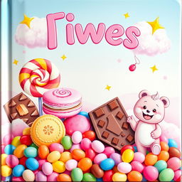 A whimsical and colorful children's book cover featuring a variety of delicious sweets and candies