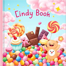 A whimsical and colorful children's book cover featuring a variety of delicious sweets and candies