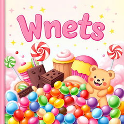 A whimsical and colorful children's book cover featuring a variety of delicious sweets and candies