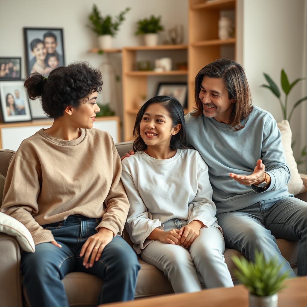 A heartwarming scene of loving parents showing respect and support to their teenager child