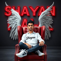 A stylish 3D illusion profile picture featuring a 20-year-old boy with a confident expression, sitting like a gangster in a luxurious wing chair