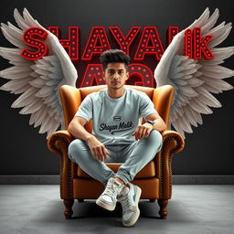 A stylish 3D illusion profile picture featuring a 20-year-old boy with a confident expression, sitting like a gangster in a luxurious wing chair