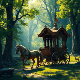 A picturesque medieval scene featuring a classic horse-drawn carriage adorned with intricate woodwork, navigating through a lush woodland filled with towering trees and vibrant green foliage