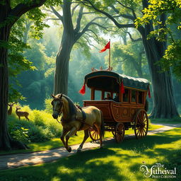 A picturesque medieval scene featuring a classic horse-drawn carriage adorned with intricate woodwork, navigating through a lush woodland filled with towering trees and vibrant green foliage