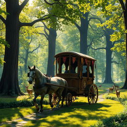 A picturesque medieval scene featuring a classic horse-drawn carriage adorned with intricate woodwork, navigating through a lush woodland filled with towering trees and vibrant green foliage